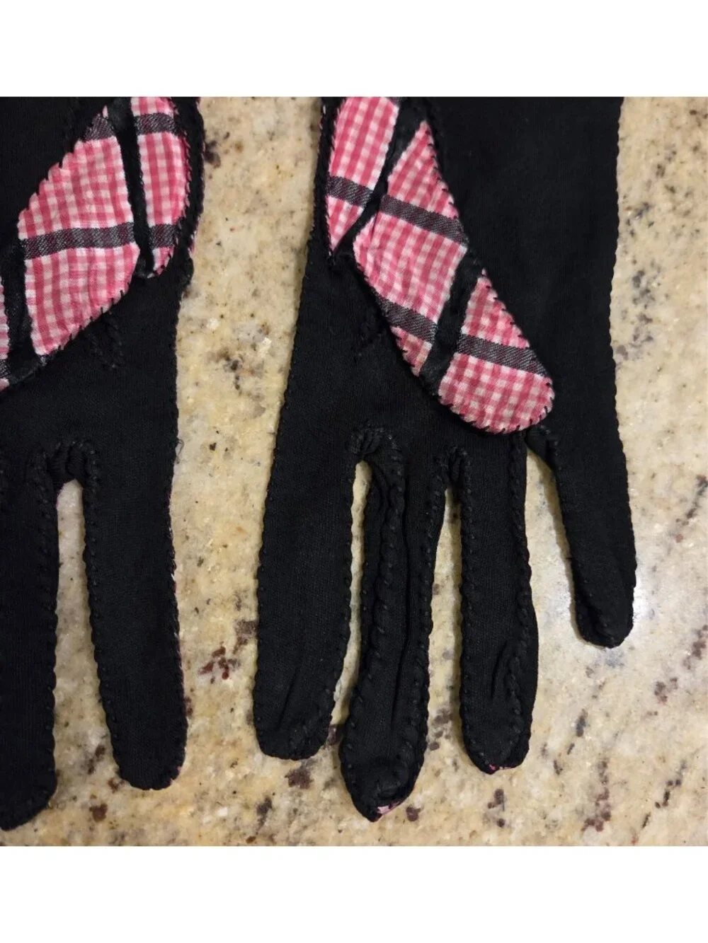 Vintage Womens Size L Pink Black Plaid Stretch Gloves Stretch *Hole Pinup